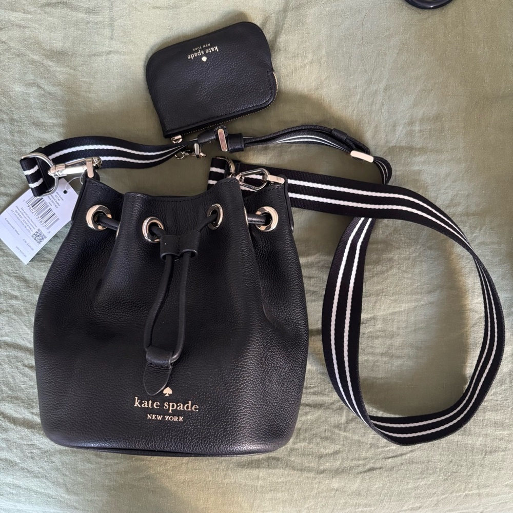 kate spade Black Leather Drawstring Crossbody with Striped Strap